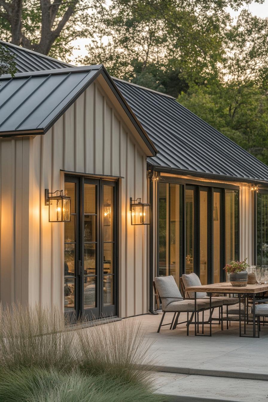 Warm glow of a modern farmhouse patio at dusk