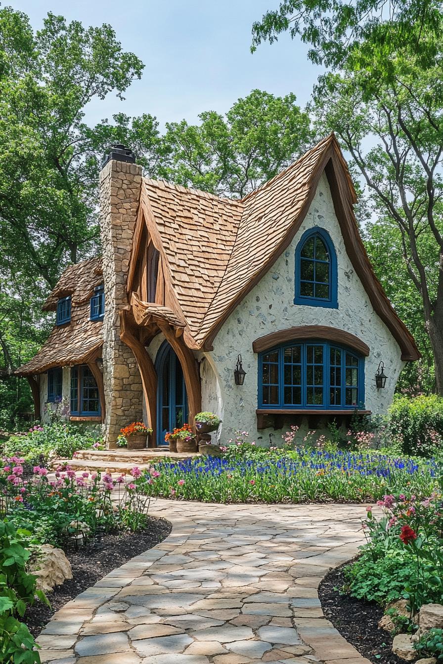 Charming cottage with wooden shingles and colorful garden