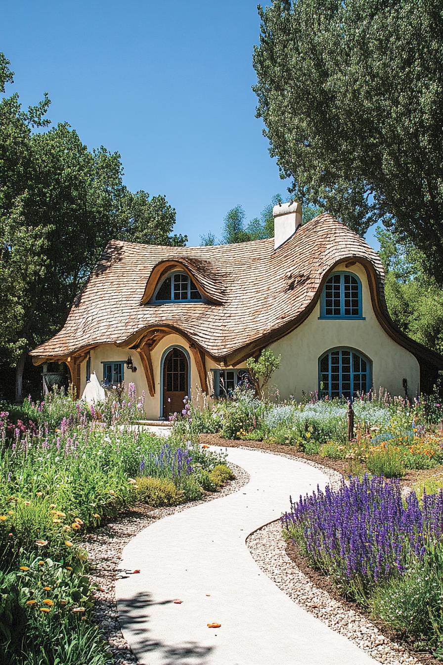 Whimsical cottage with a curvy wooden roof surrounded by garden blooms