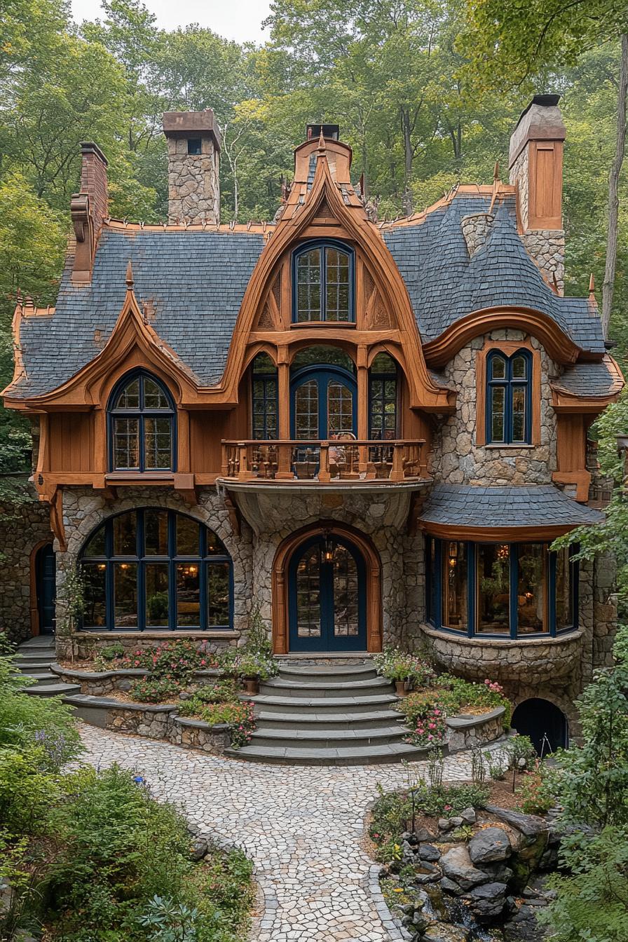 Stone house with curved gables and lush garden path