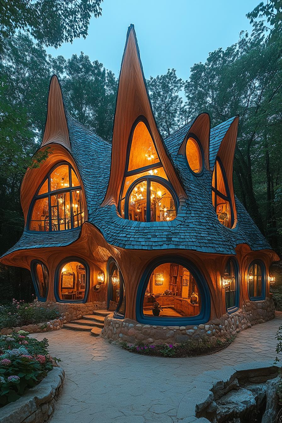 A whimsical house with pointed roofs and glowing windows surrounded by trees