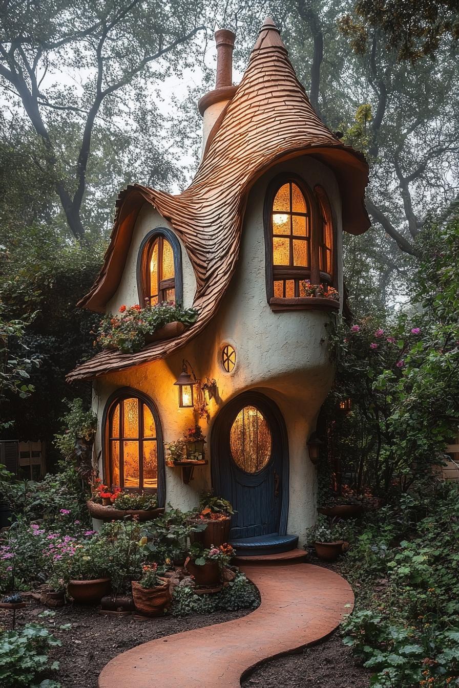 Charming fairytale house with curved roof and glowing windows