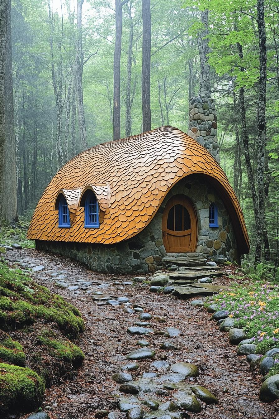 storybook style house with an asymmetrical roof with shingles timber framing on a stucco facade and arched blue painted windows the landscape is 9