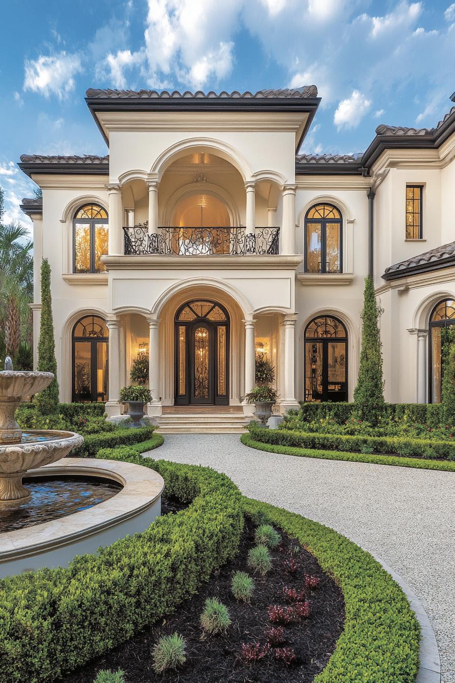 Grand mansion entrance with a lush garden and fountain