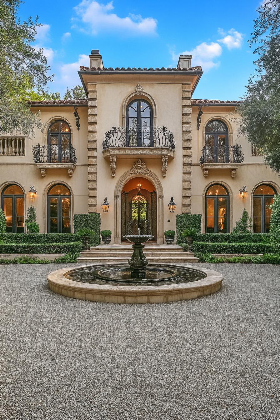 Magnificent mansion with ornate balconies and a central fountain