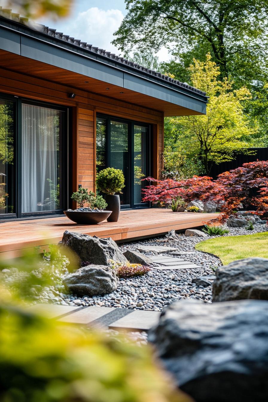 Japanese house with wooden deck and garden elements