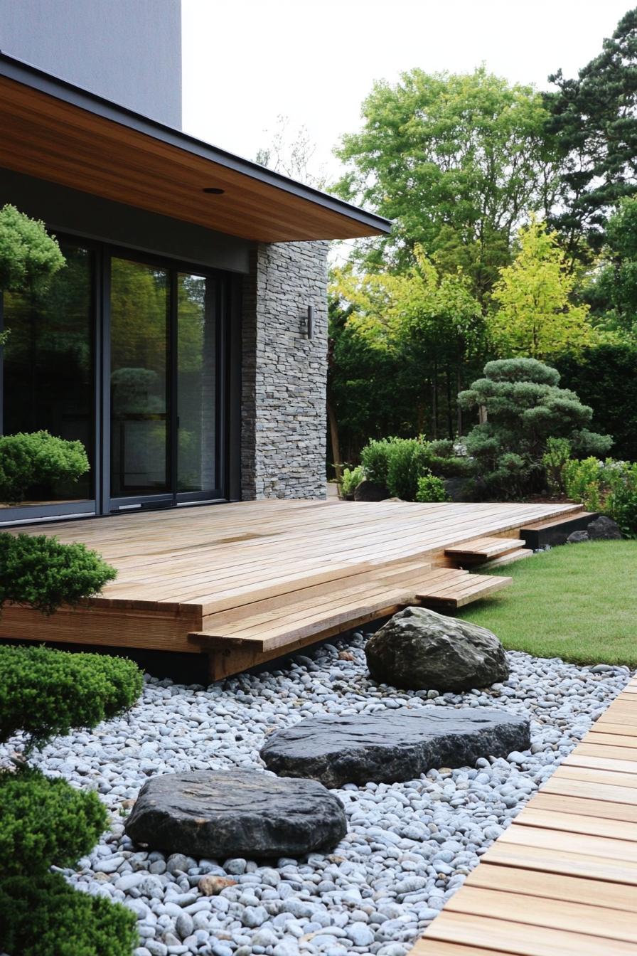 Wooden deck with stones and greenery