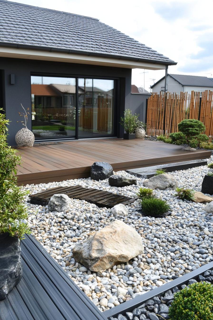 Japanese courtyard house with wooden deck, pebbles, and bamboo fence