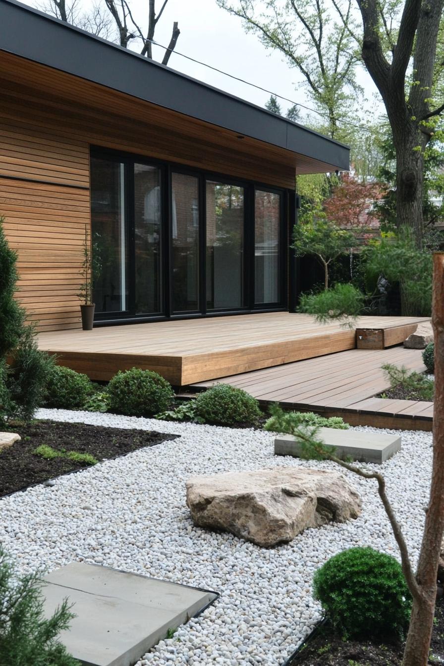 Wooden deck opening to a tranquil gravel garden