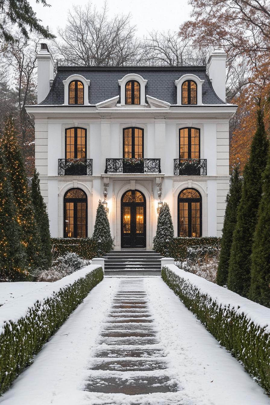 Elegant mansion blanketed in snow