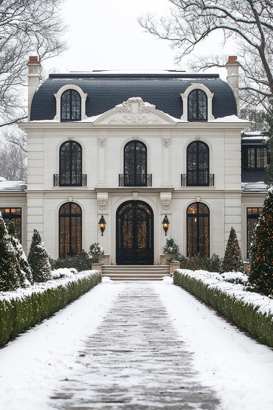 Elegant snowy pathway leading to a classic mansion adorned with festive lights