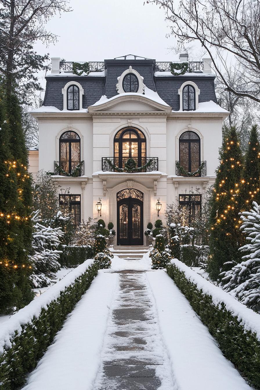 Elegant mansion with a snowy path and festive lights