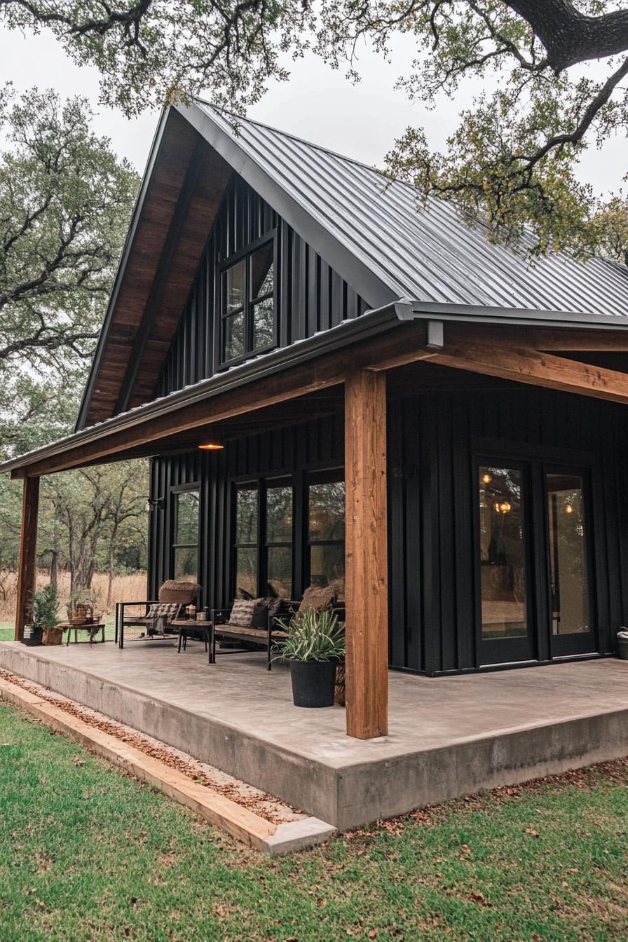 A-frame house with wooden accents and a cozy porch