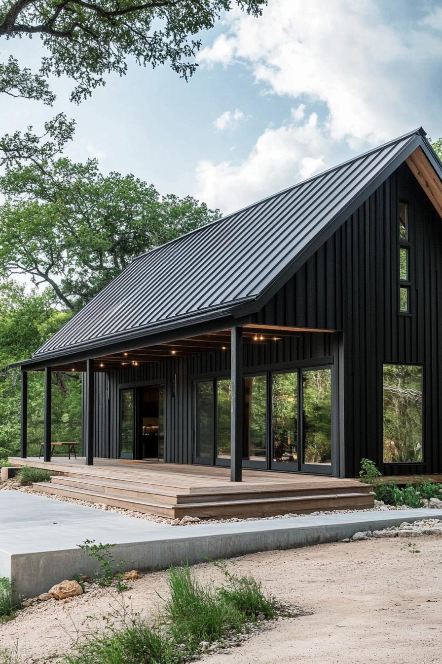 Stylish dark barndominium with wraparound deck