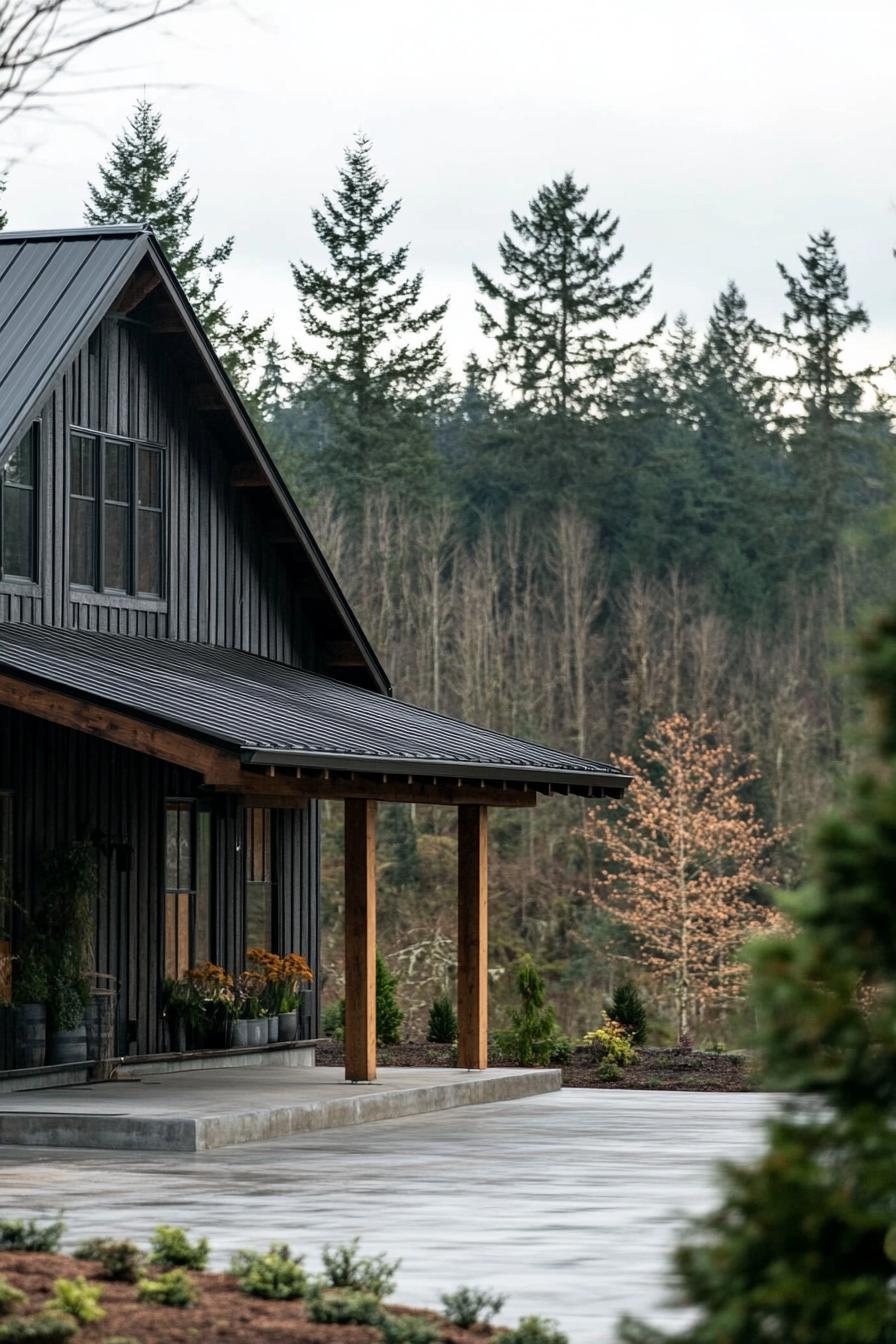 Charming dark wood barndominium with forest backdrop