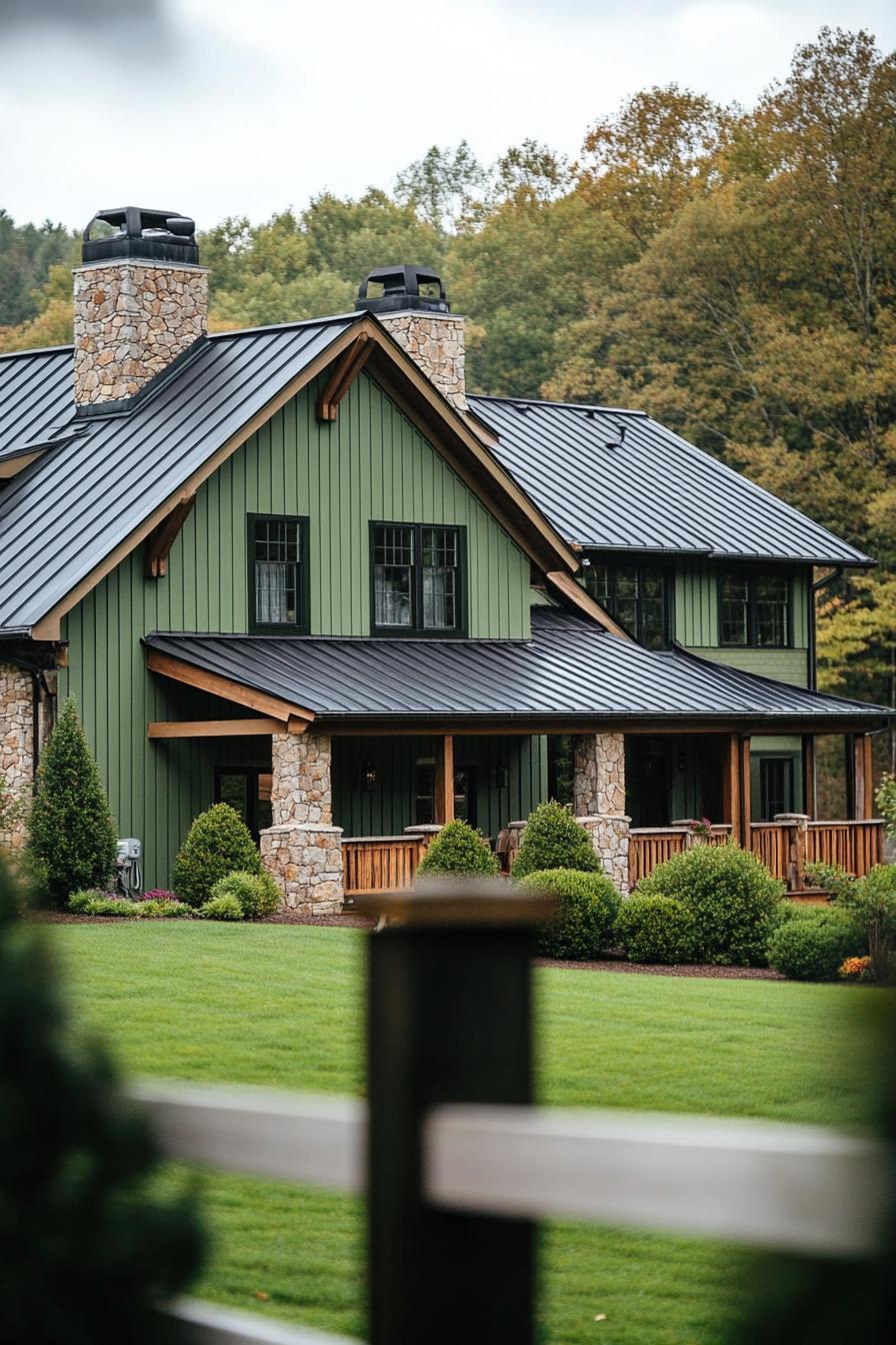 Cozy green home with stone chimneys