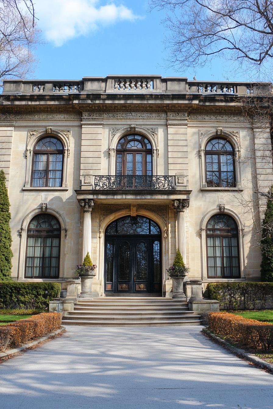 Old mansion entrance with arched windows and elegant columns