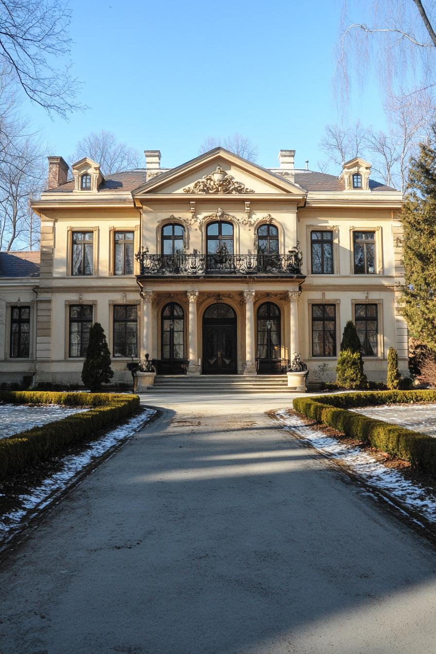 Elegant mansion with ornate details and a long driveway