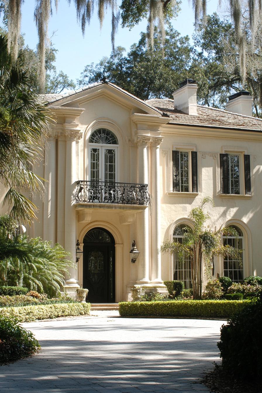 Ornate mansion facade with lush greenery