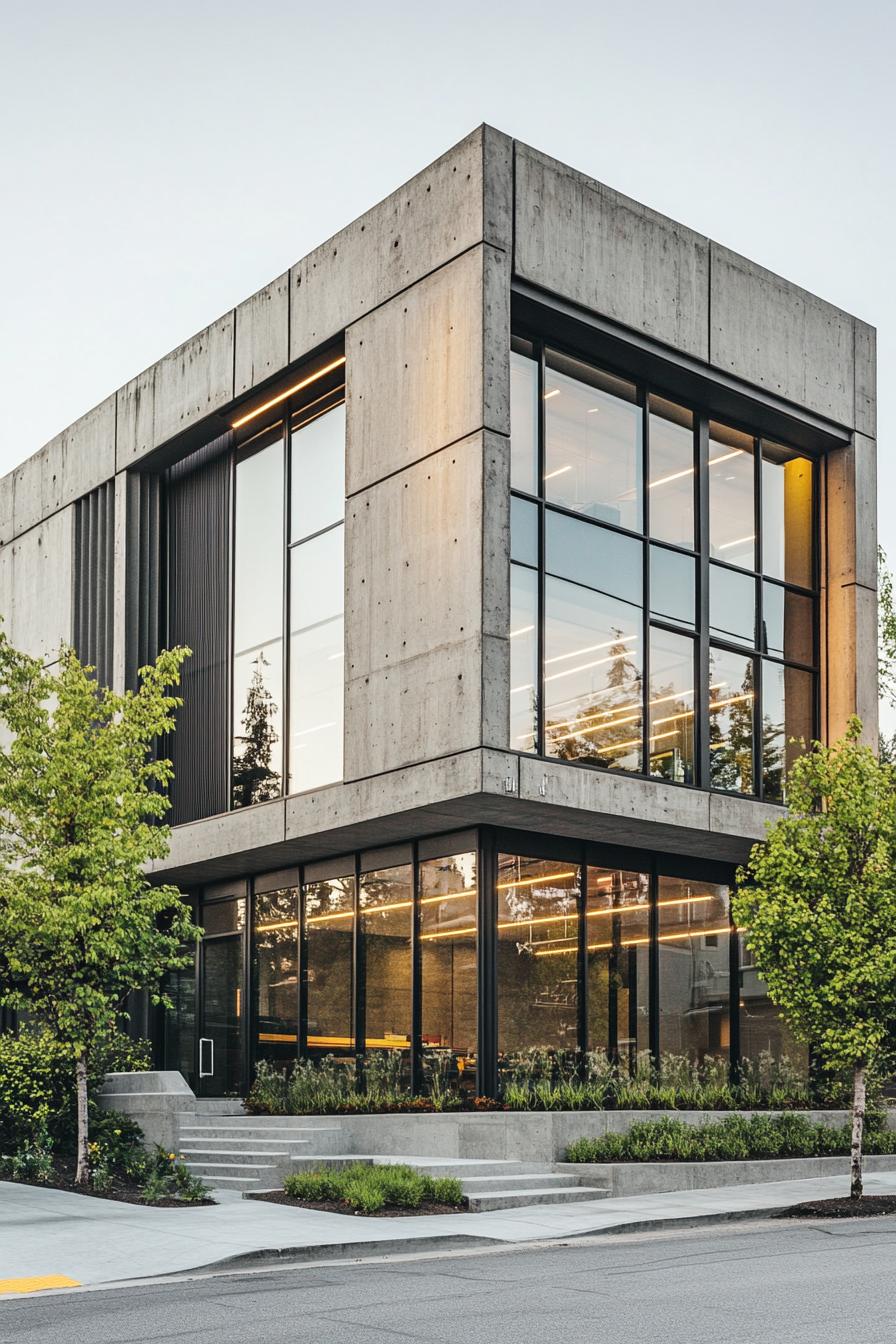 Modern building with large glass windows and greenery