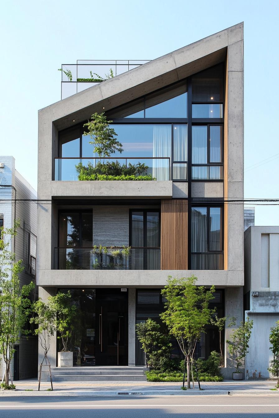 Modern building with geometric lines and rooftop greenery