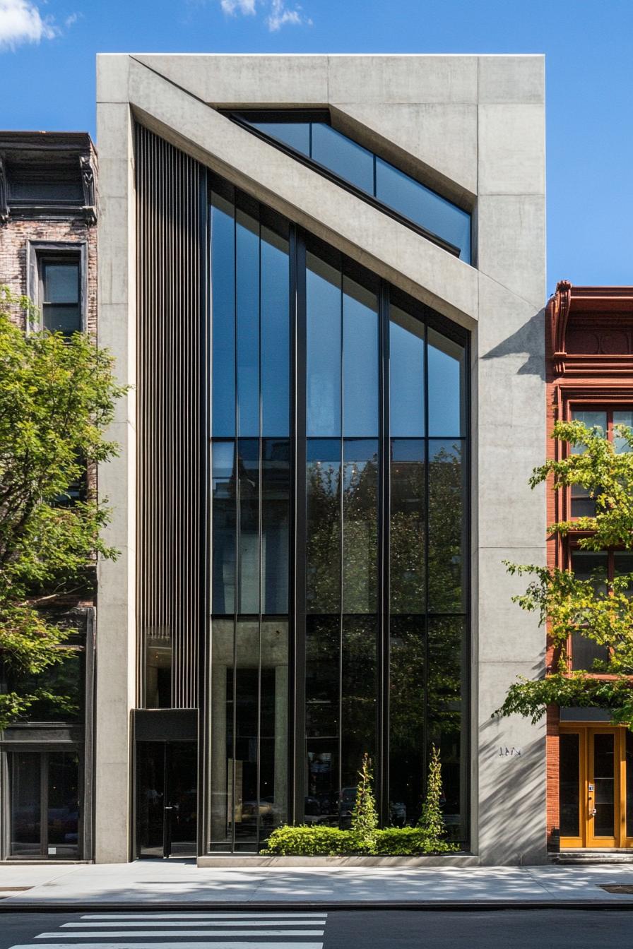 Modern building with tall glass windows and concrete accents