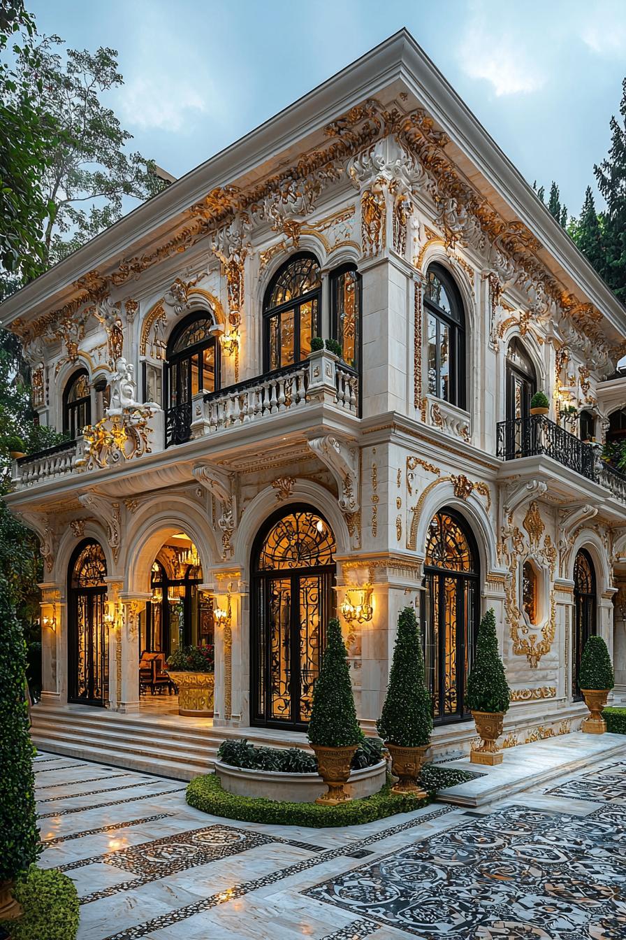 Luxurious mansion adorned with gold embellishments and ornate design