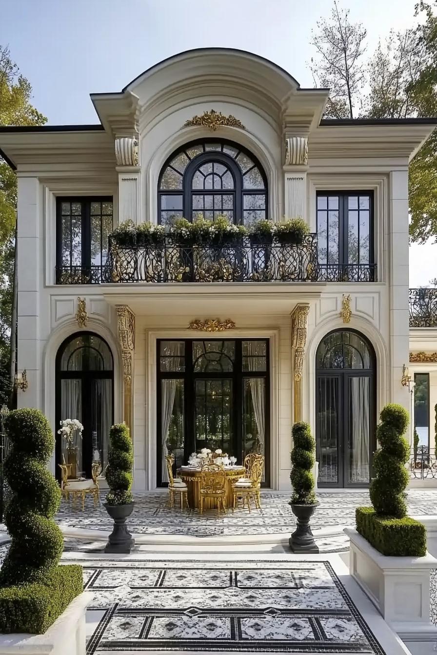 Luxury home facade with grand arches and lush topiaries