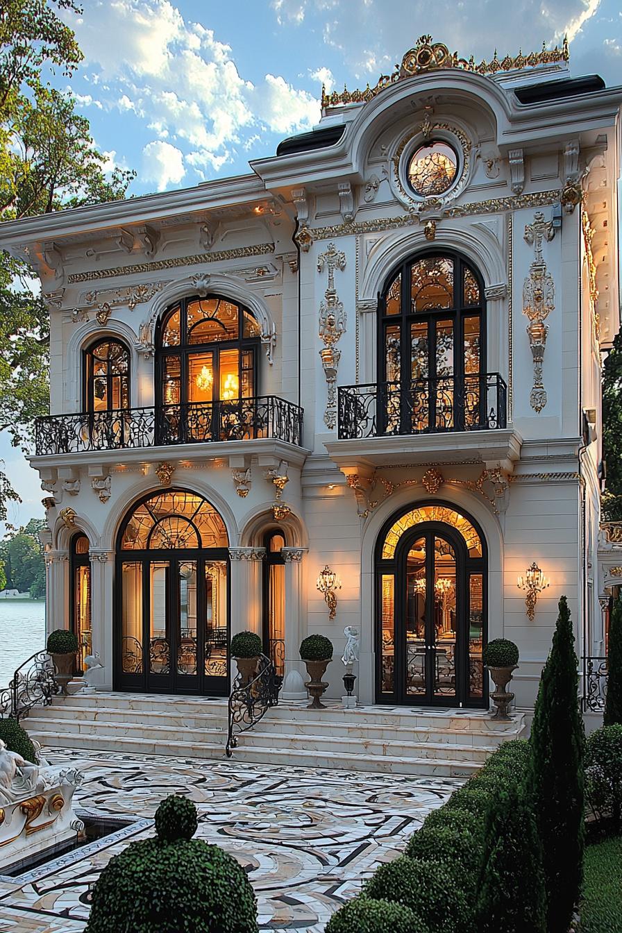 Ornate mansion with intricate details by a lake