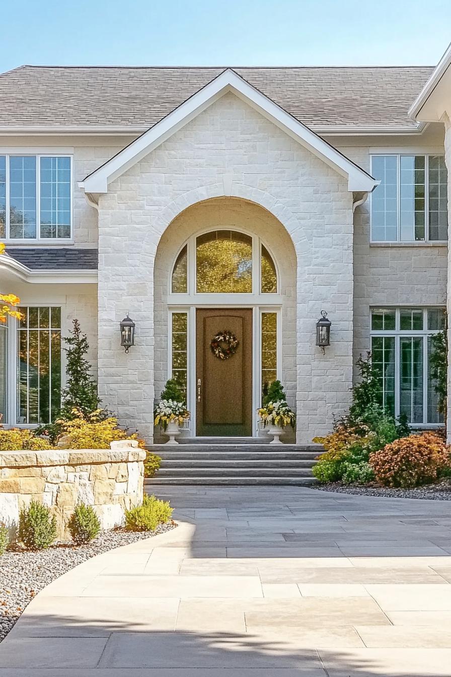 Elegant stone house with arched entryway and large windows