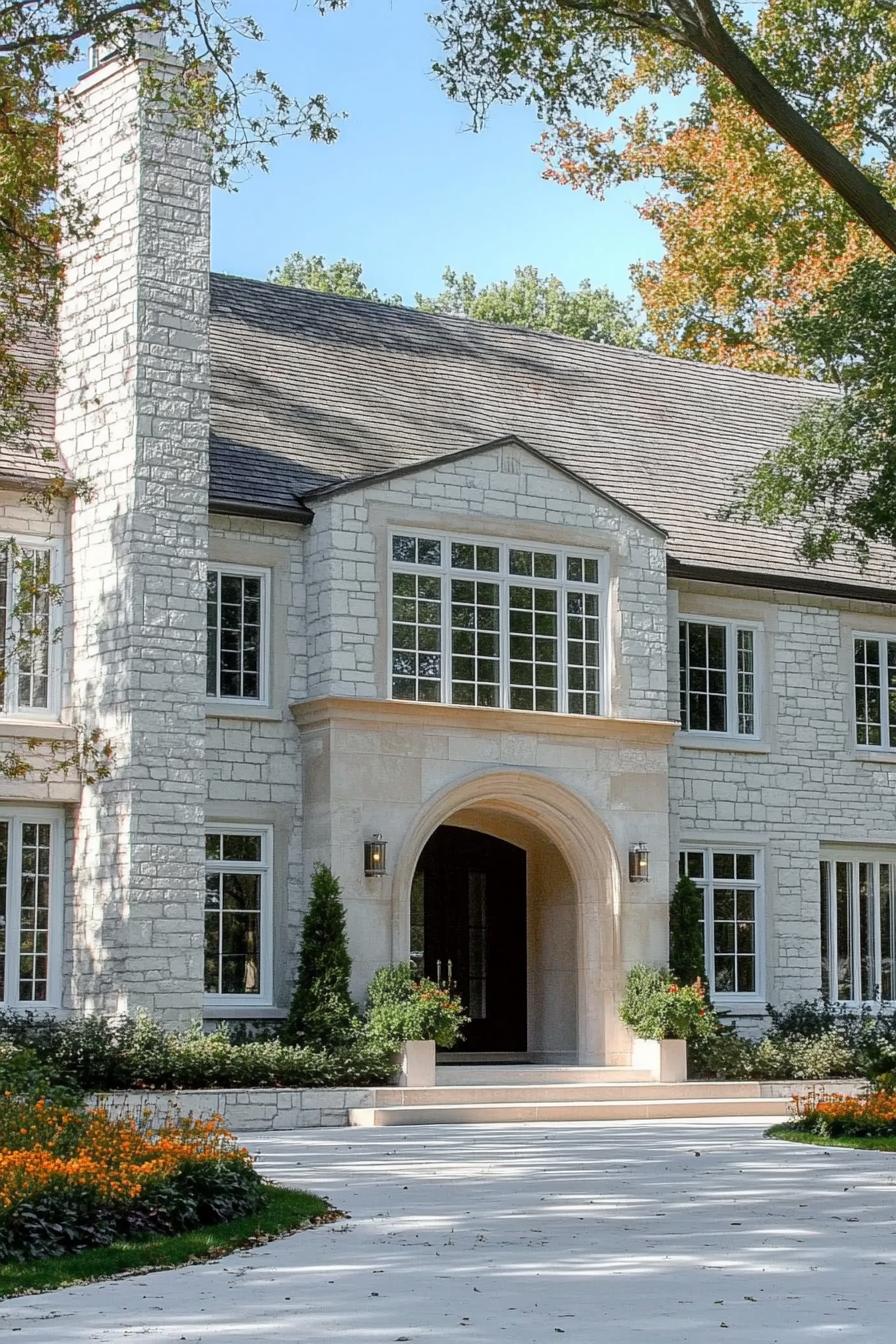 A stately stone house with an arched doorway