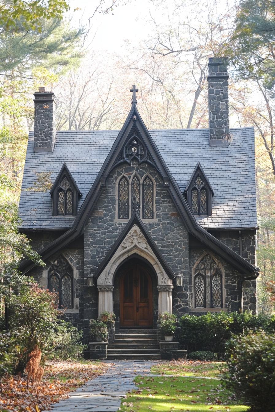 Charming stone cottage with arched doorway and intricate windows