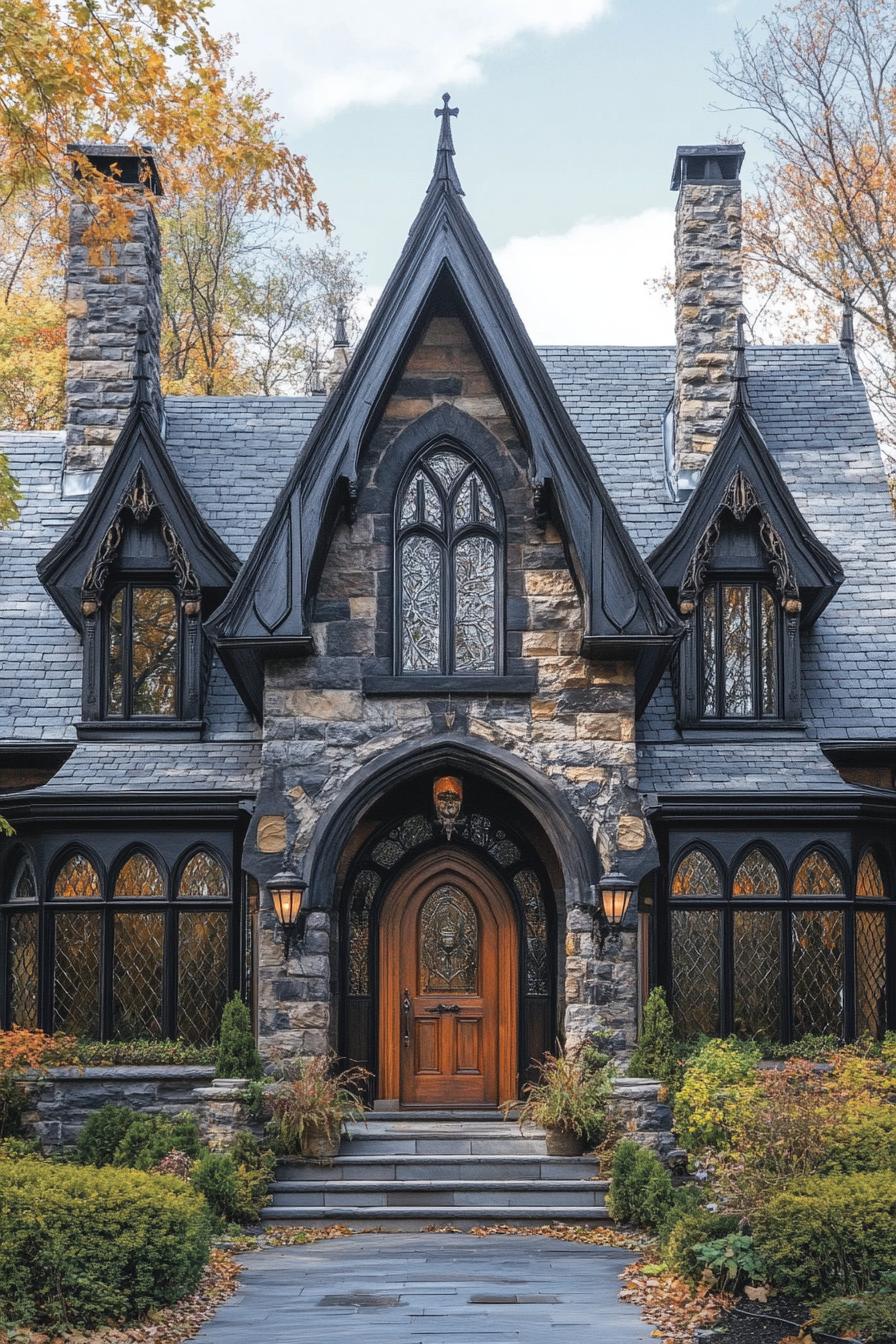 Quaint stone cottage with gothic architecture