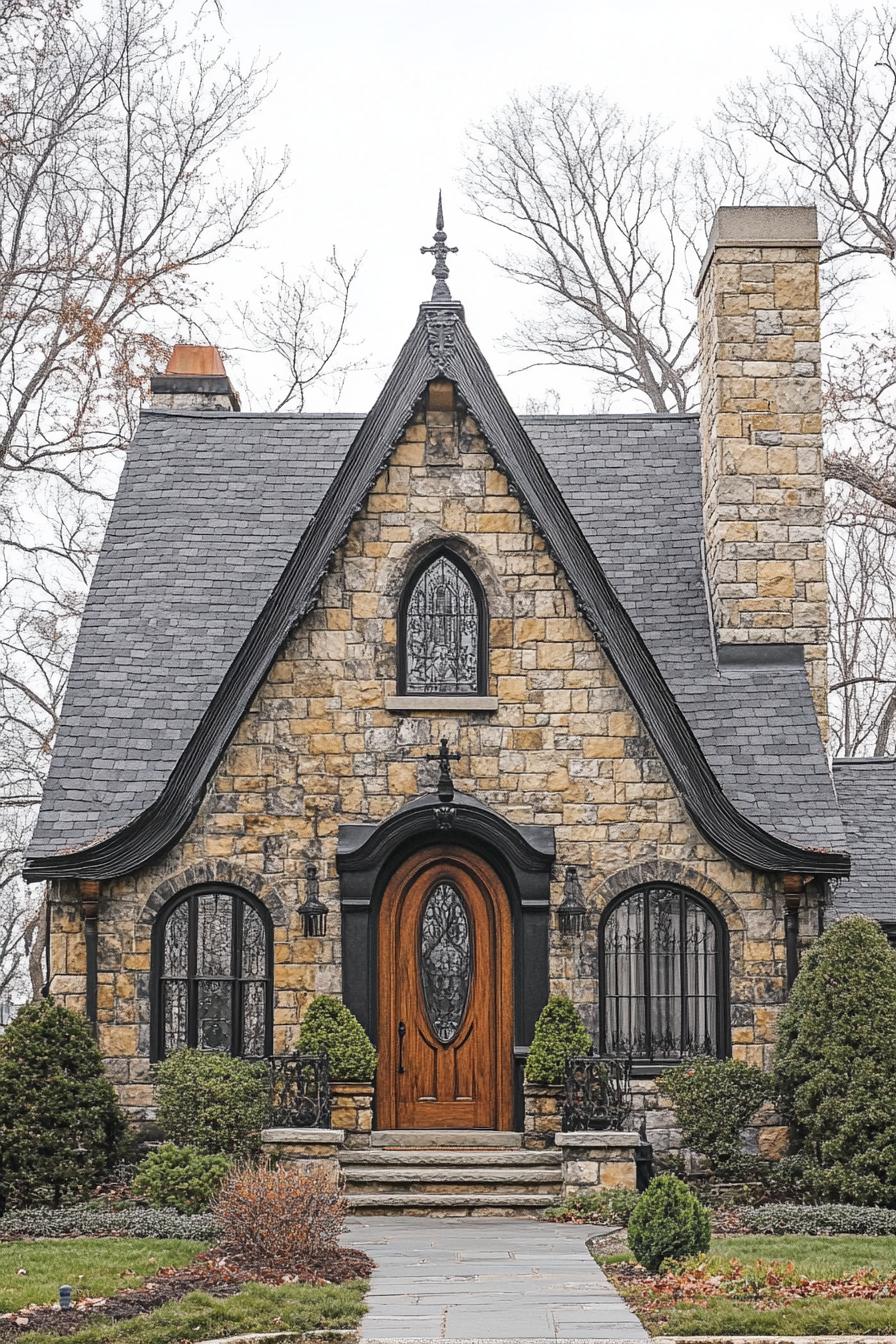 Charming stone house with gothic details and arched door