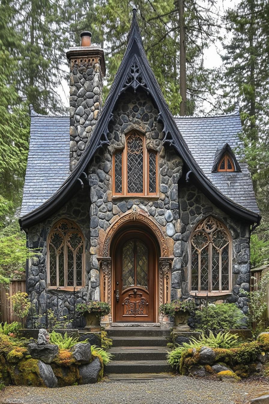 Gothic stone cottage with ornate windows and arched doorway