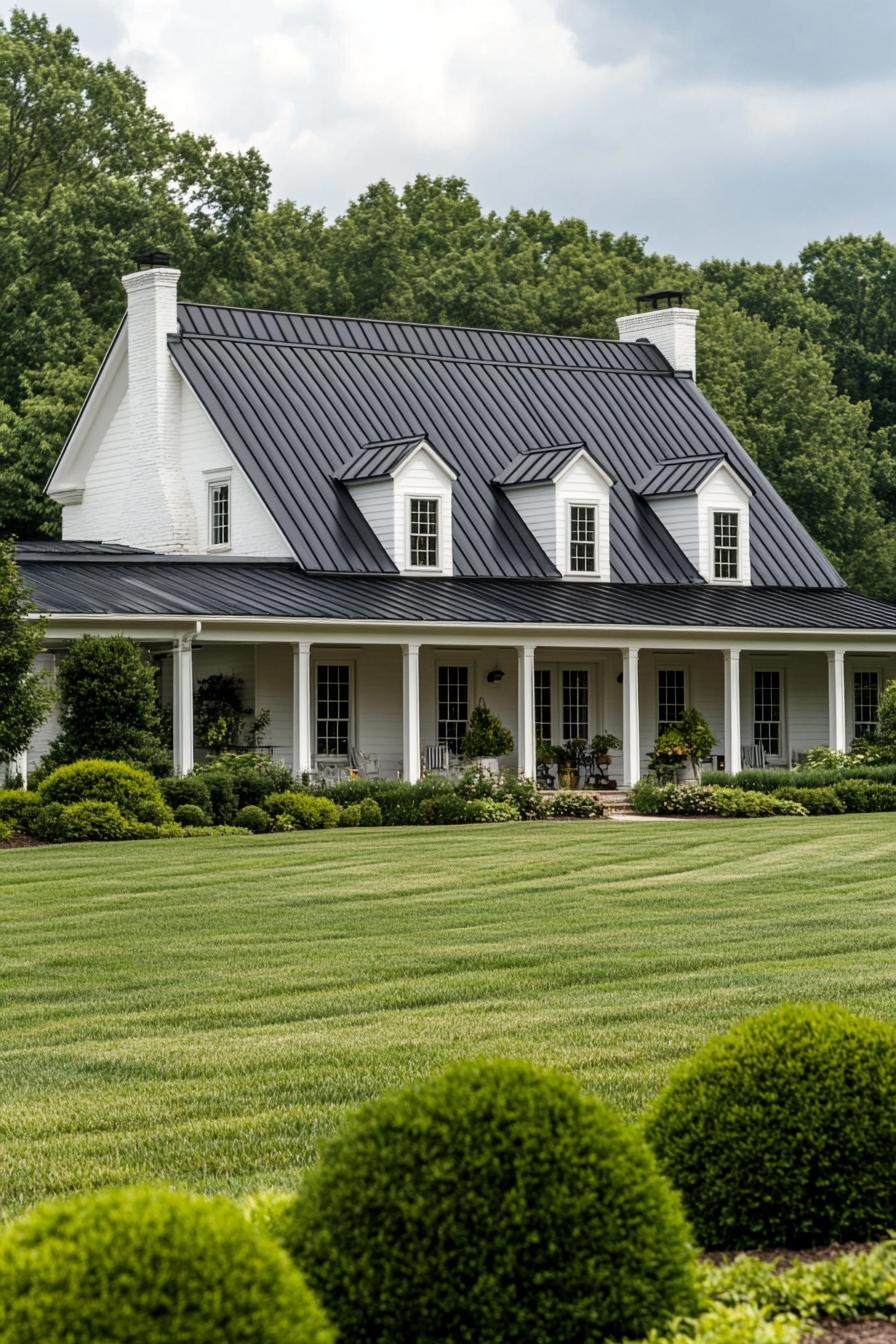 Colonial-style house with a metal roof and wraparound porch surrounded by lush greenery