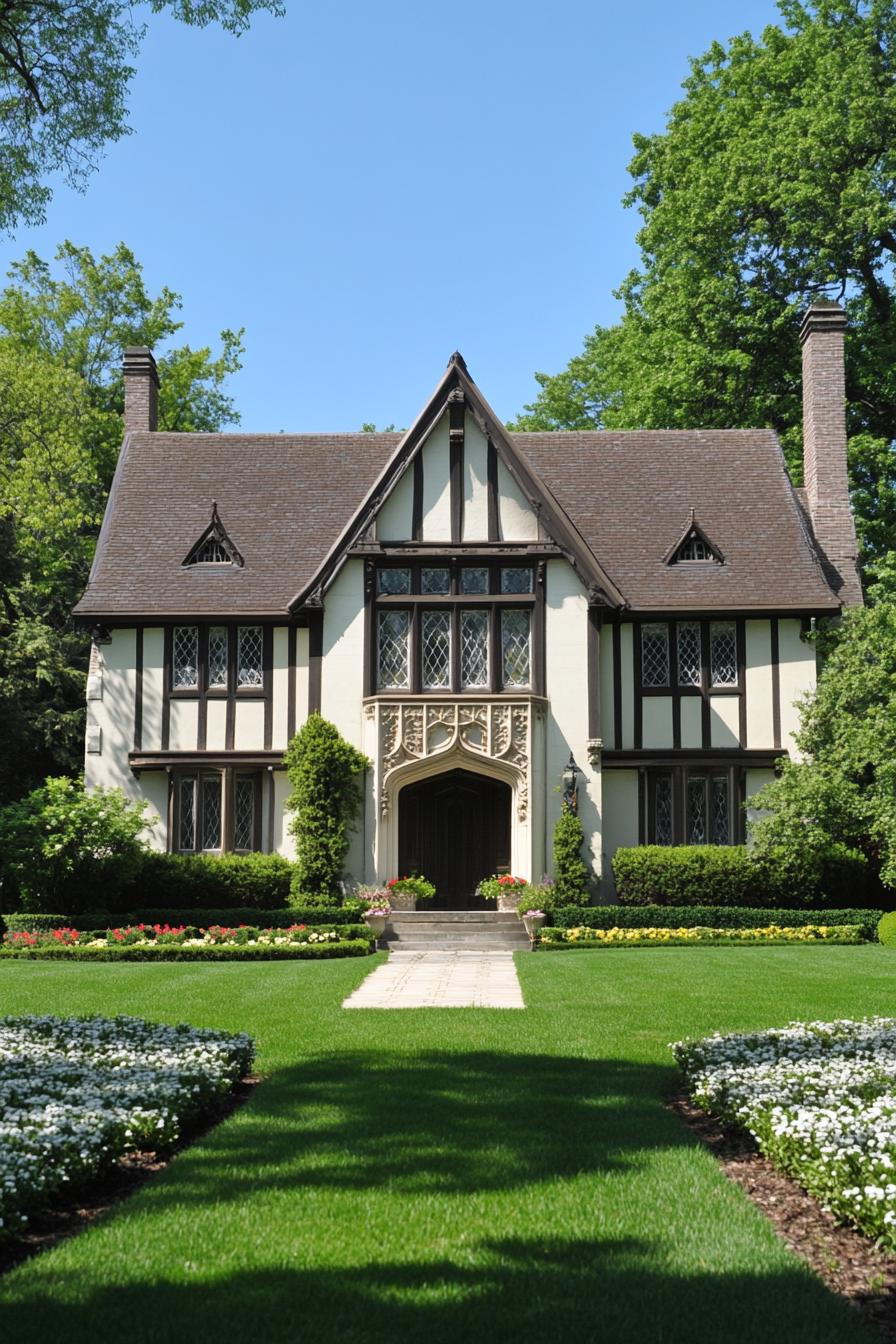 A grand Tudor house with lush greenery and elegant details