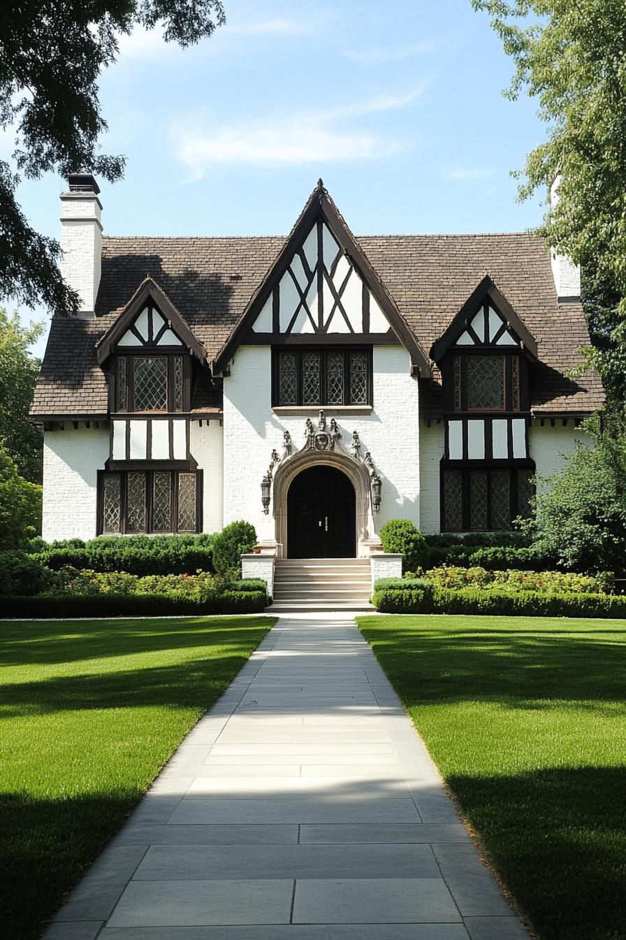 Modern Tudor house with a lush lawn and dramatic gables