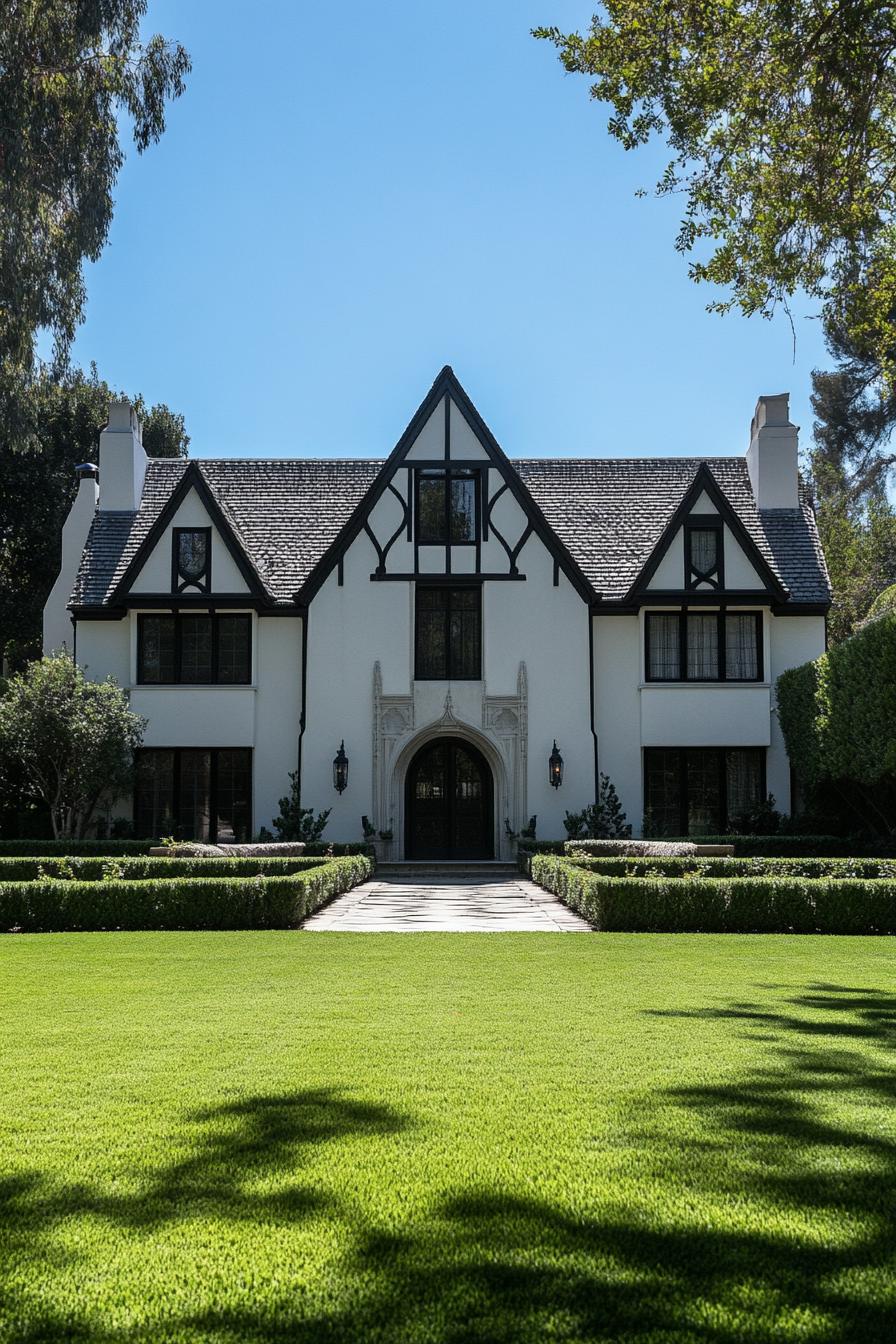 Modern Tudor house with manicured lawn and grand entrance