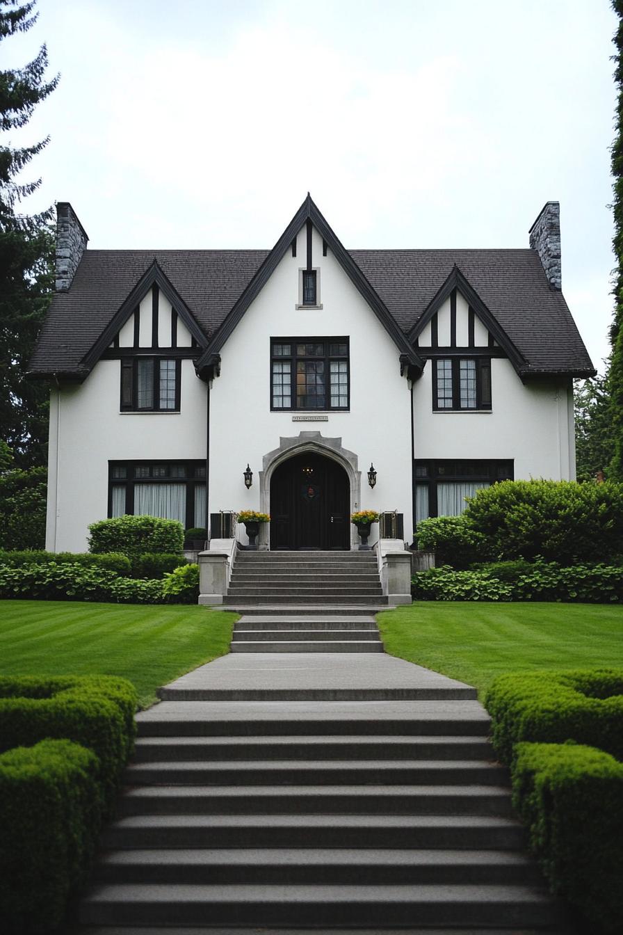 Modern Tudor house with a lush green lawn and dramatic gables