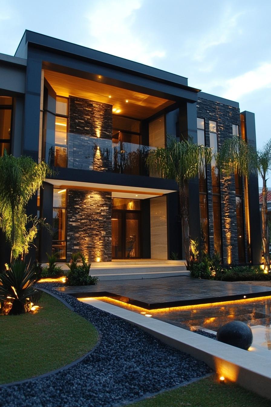 Modern house with glowing architectural features and a stone facade