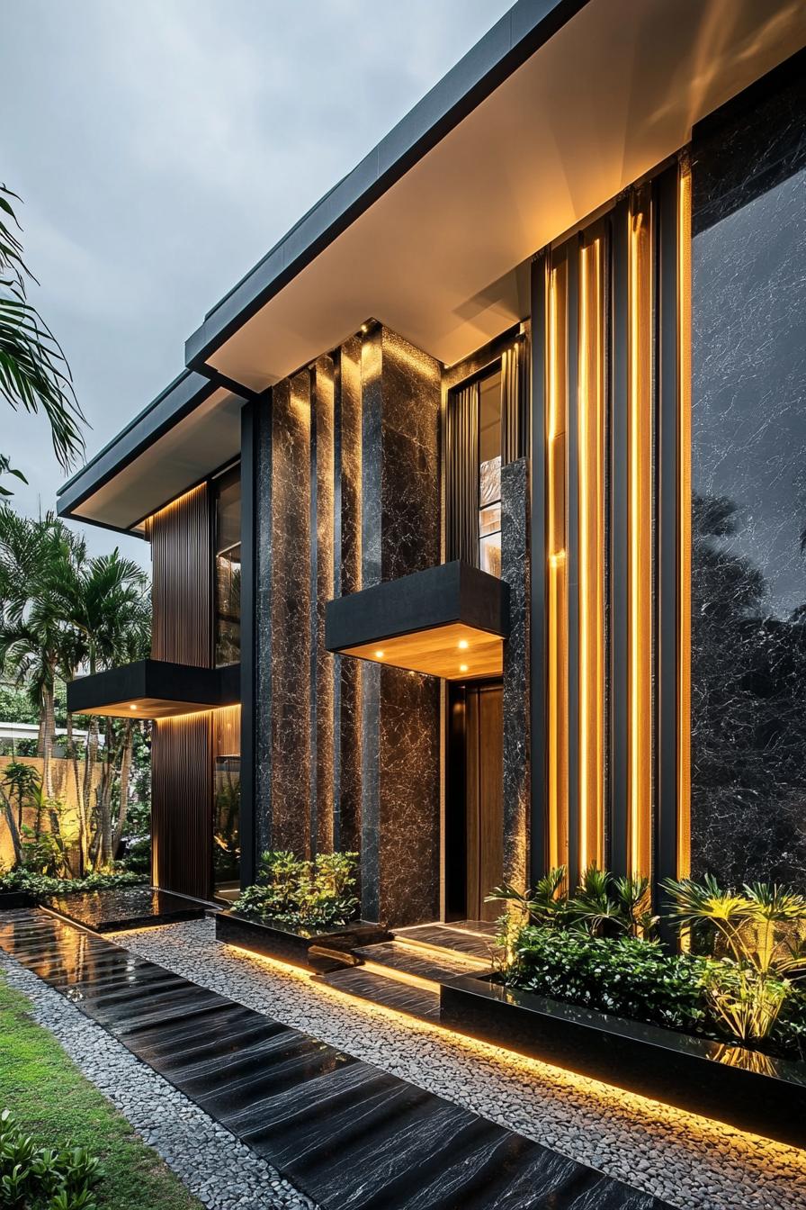 Modern house with sleek black marble and vibrant lighting