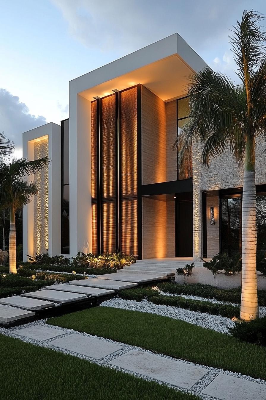 Modern house with sleek lighting and palm trees in the foreground