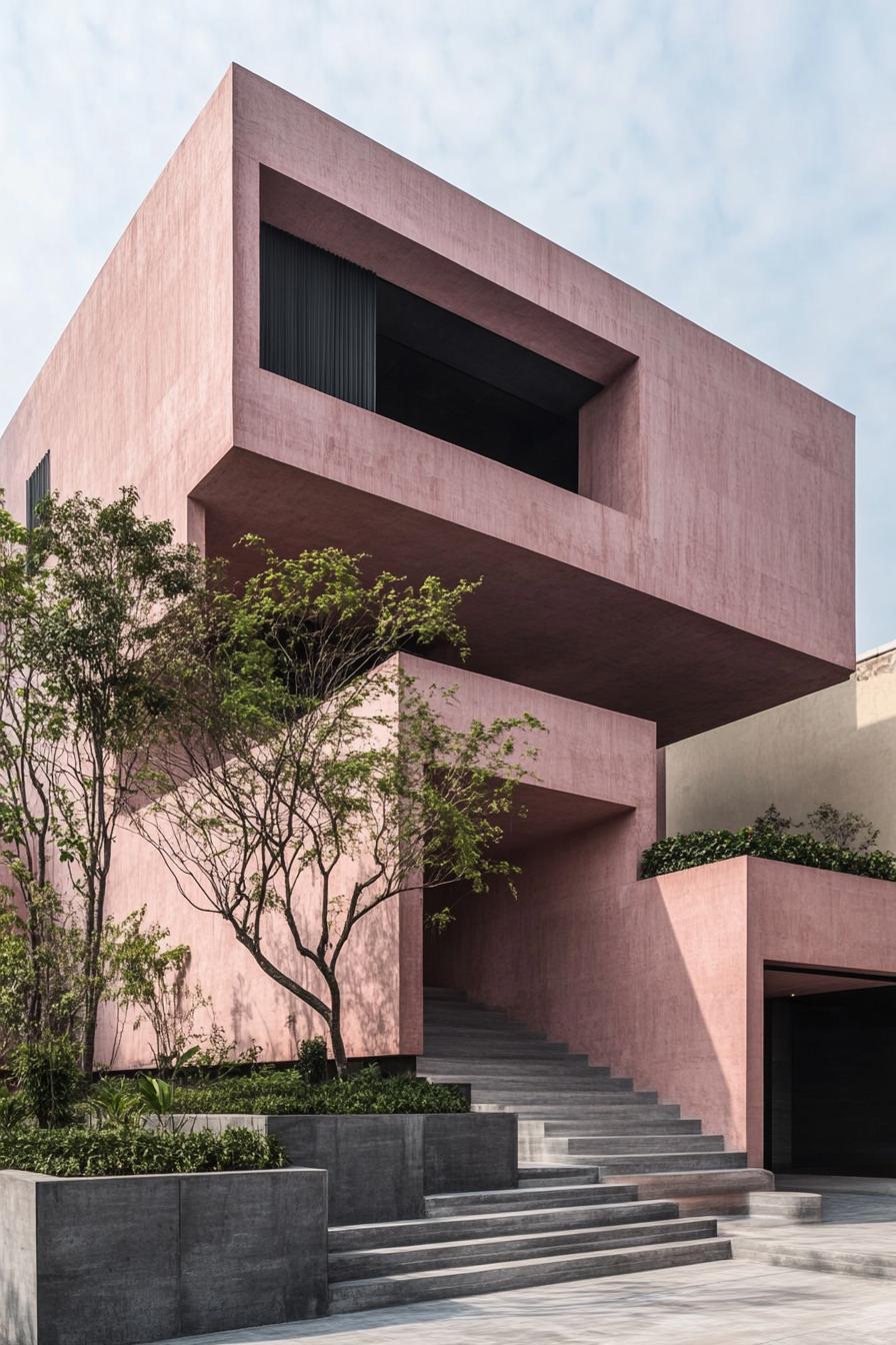 Pink geometric building with a modern staircase and greenery