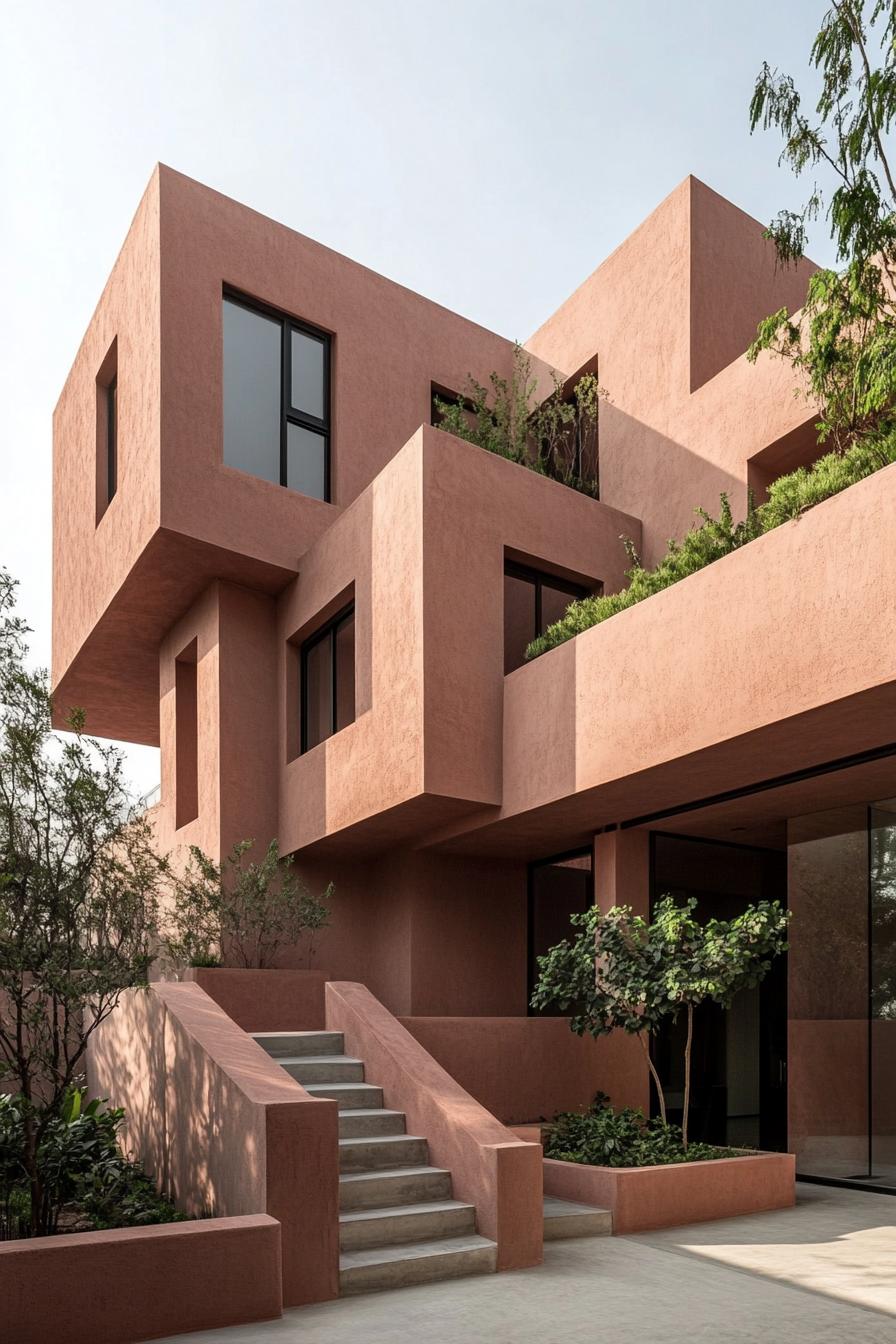 Modern building with stacked, geometric cubes and lush greenery