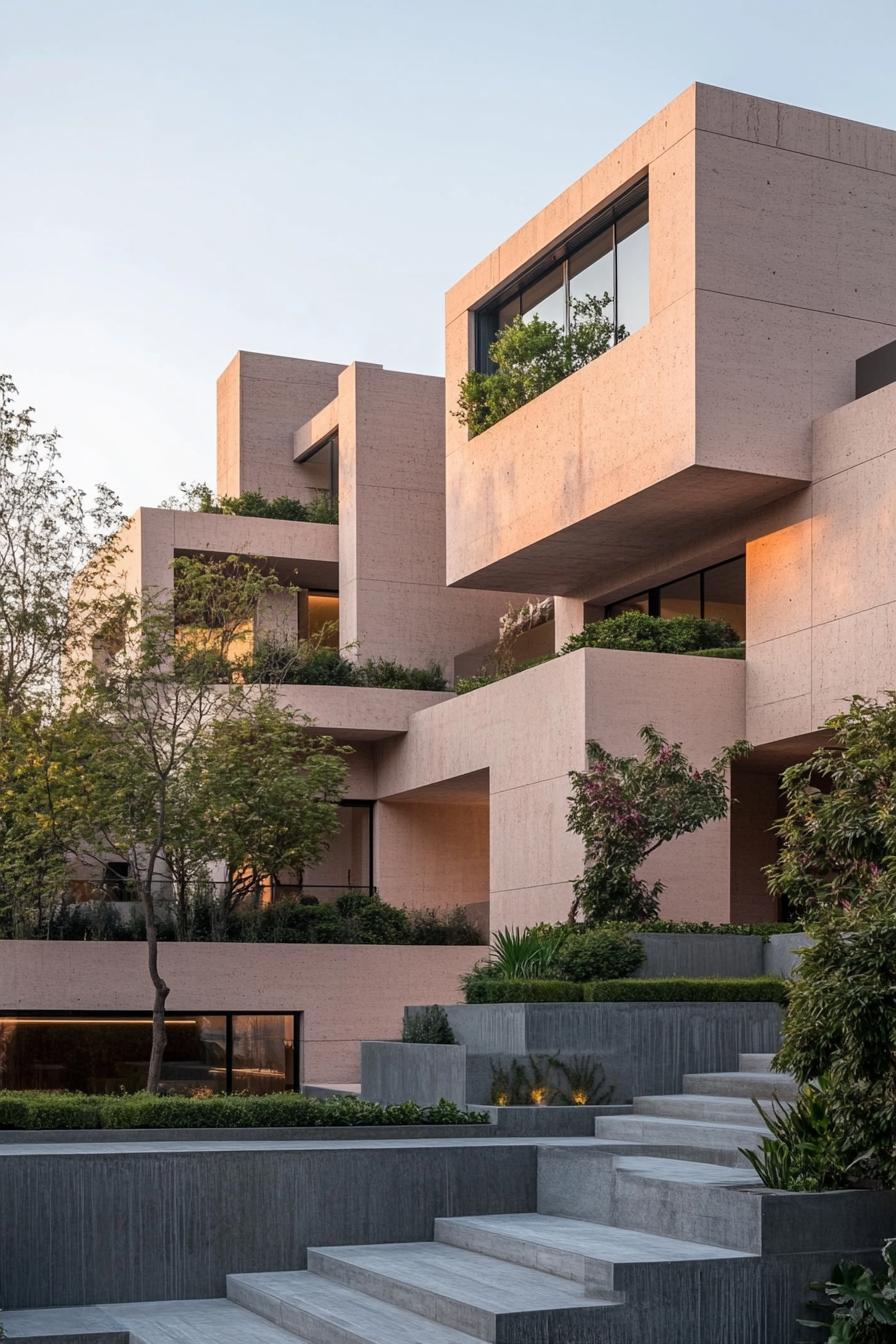 Contemporary block architecture surrounded by greenery