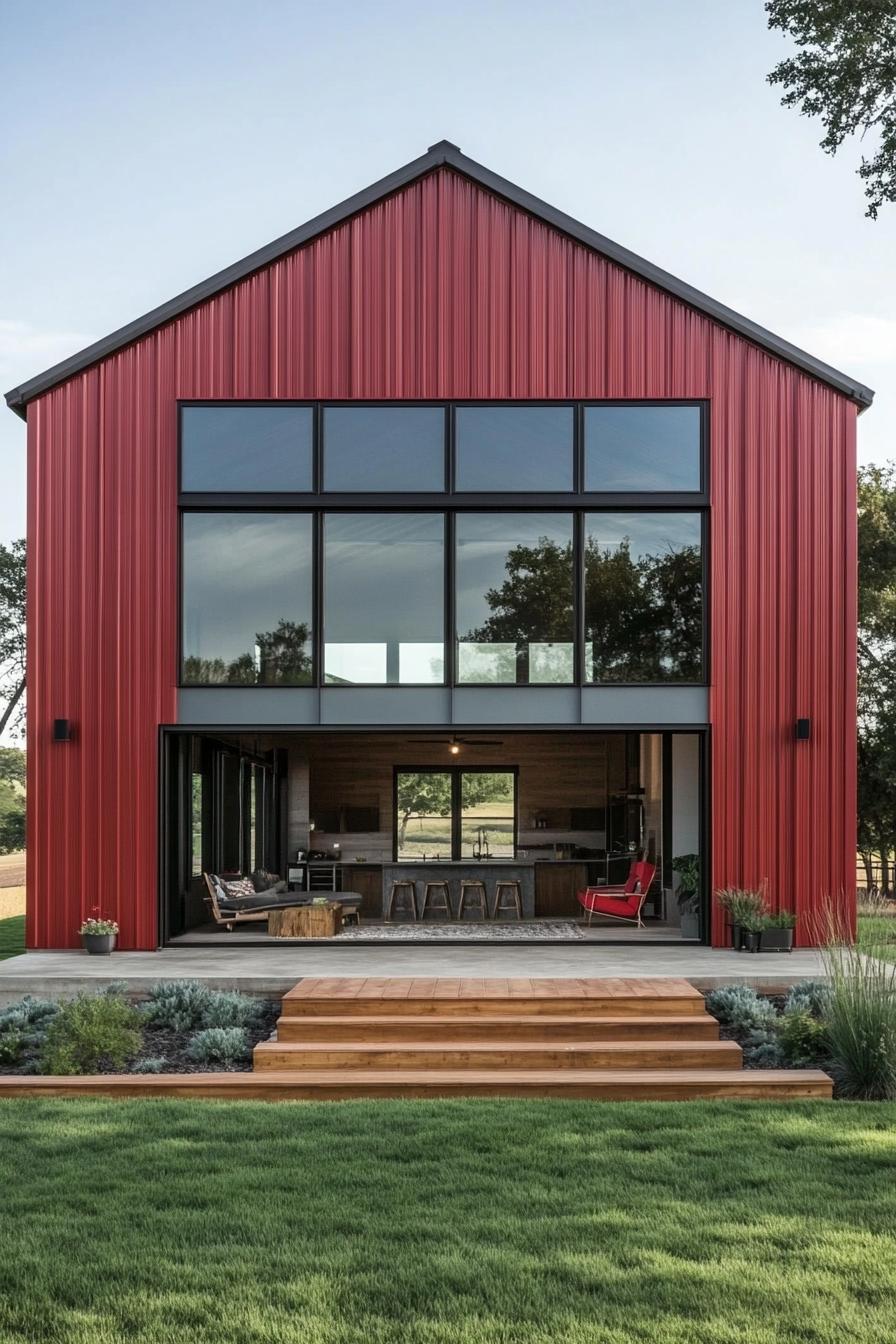 Red metal house with large windows and porch steps