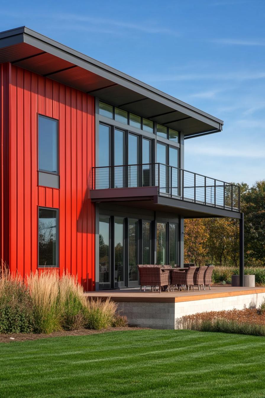 Modern metal house with red exterior and large glass windows