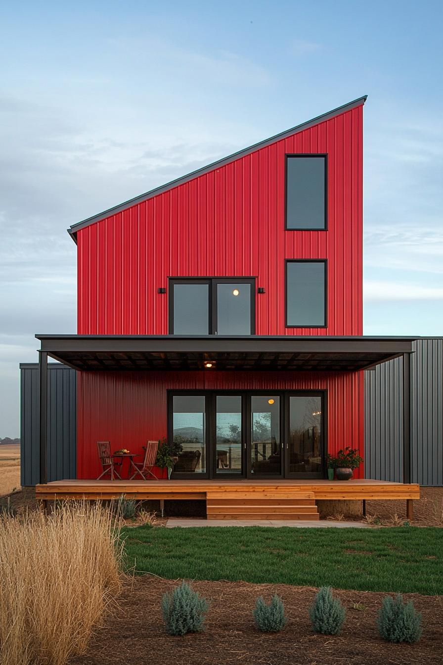 Red and gray metal house with large windows