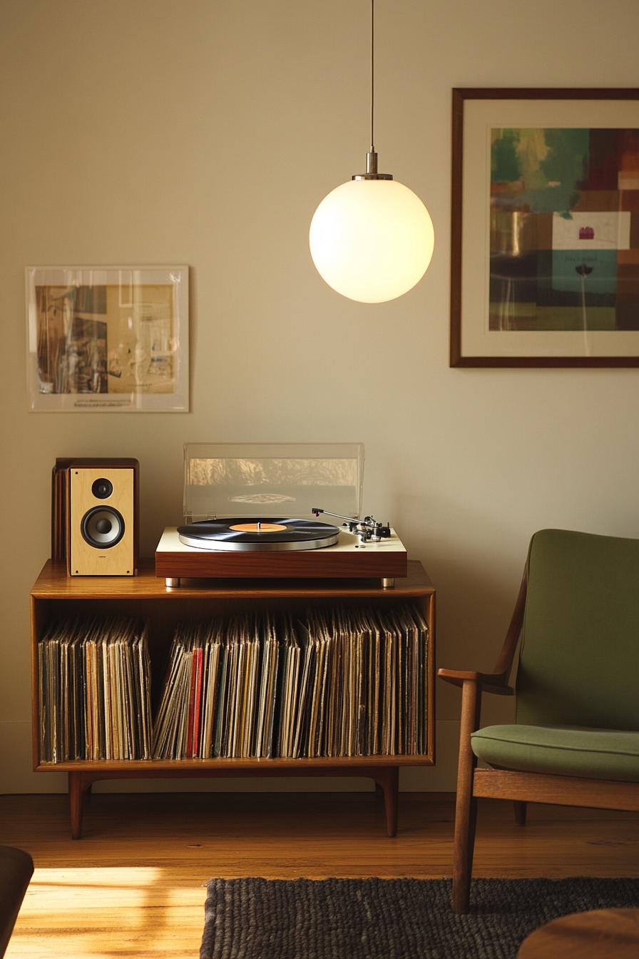 Mid-century record setup with armchair and art